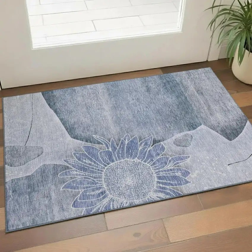 Blue And Ivory Floral Washable Area Rug With UV Protection Photo 1