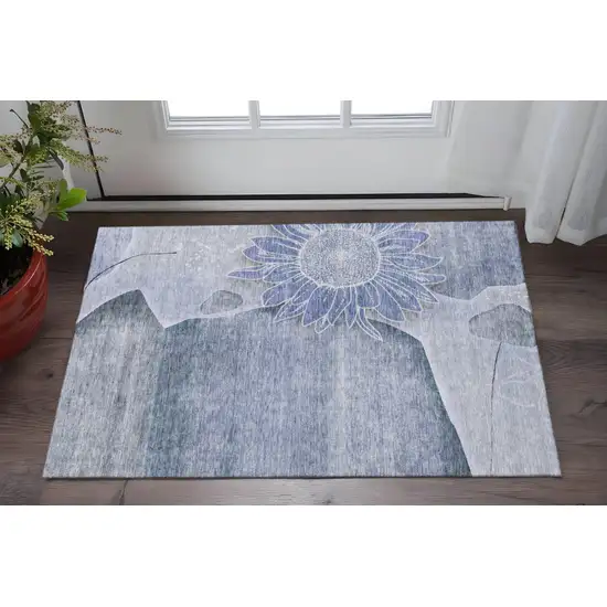 Blue And Ivory Floral Washable Area Rug With UV Protection Photo 2