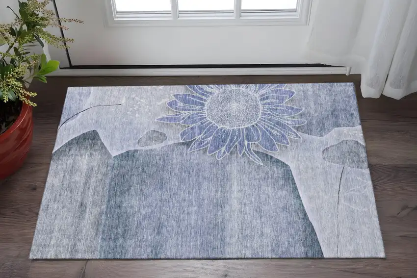 Blue And Ivory Floral Washable Area Rug With UV Protection Photo 2