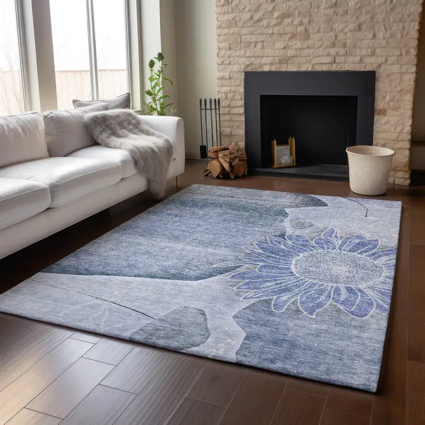 Blue And Ivory Floral Washable Area Rug With UV Protection Photo 7