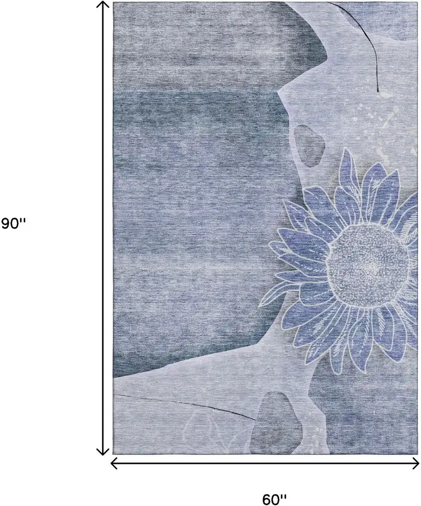 Blue And Ivory Floral Washable Area Rug With UV Protection Photo 3