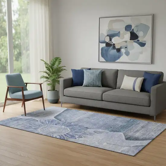 Blue And Ivory Floral Washable Area Rug With UV Protection Photo 1