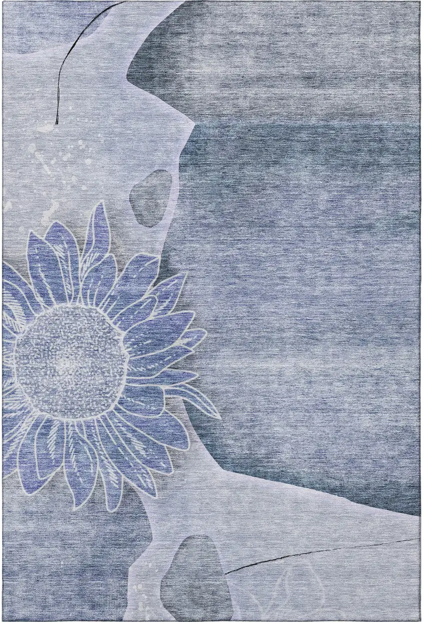 Blue And Ivory Floral Washable Area Rug With UV Protection Photo 4