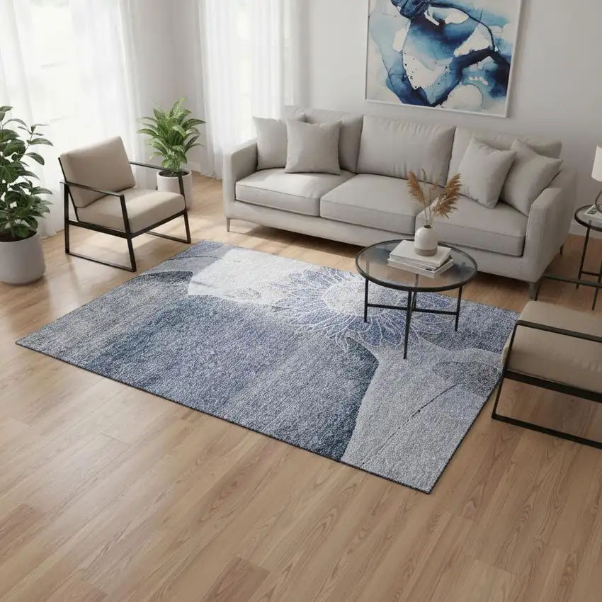 Blue And Ivory Floral Washable Area Rug With UV Protection Photo 1