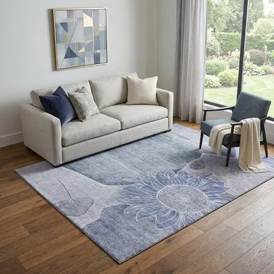 Blue And Ivory Floral Washable Area Rug With UV Protection Photo 1