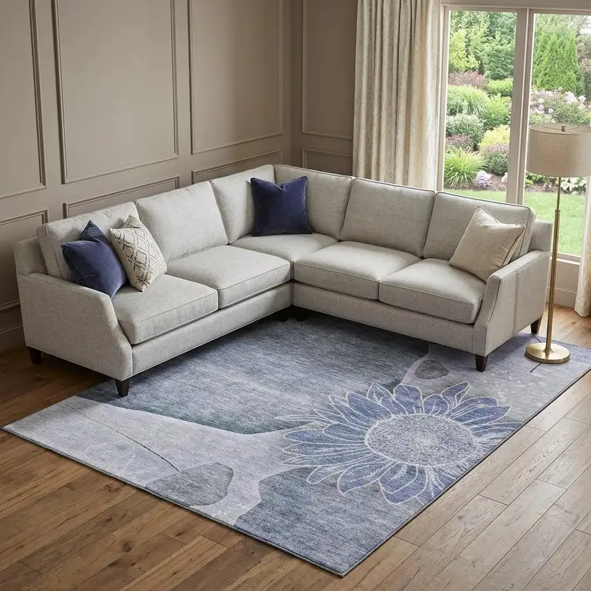 Blue And Ivory Floral Washable Area Rug With UV Protection Photo 1
