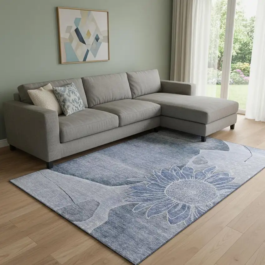 Blue And Ivory Floral Washable Area Rug With UV Protection Photo 1