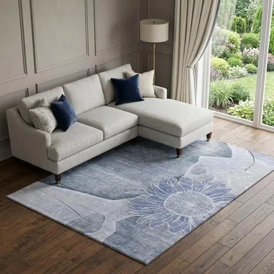 Blue And Ivory Floral Washable Area Rug With UV Protection Photo 1