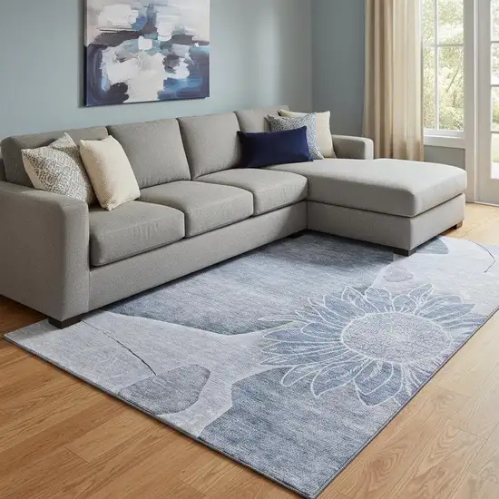 Blue And Ivory Floral Washable Area Rug With UV Protection Photo 1
