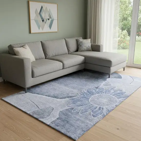 Blue And Ivory Floral Washable Area Rug With UV Protection Photo 1