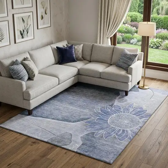 Blue And Ivory Floral Washable Area Rug With UV Protection Photo 1