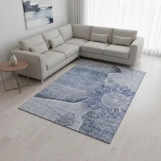 Blue And Ivory Floral Washable Area Rug With UV Protection Photo 1