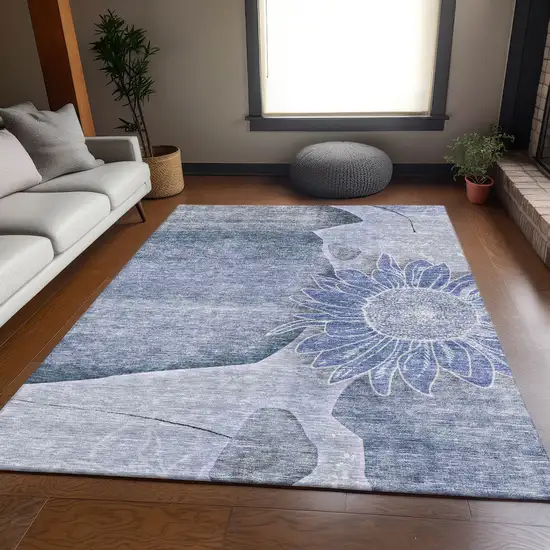 Blue And Ivory Floral Washable Area Rug With UV Protection Photo 5