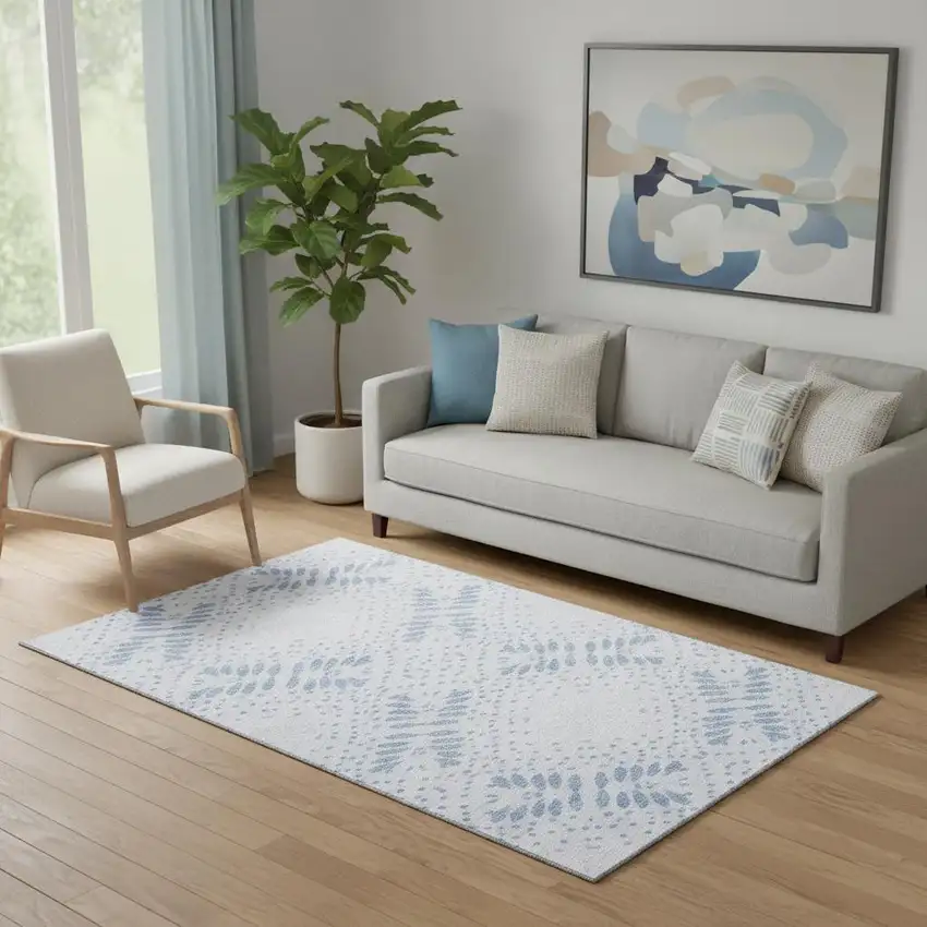 Blue And Ivory Floral Washable Area Rug With UV Protection Photo 1