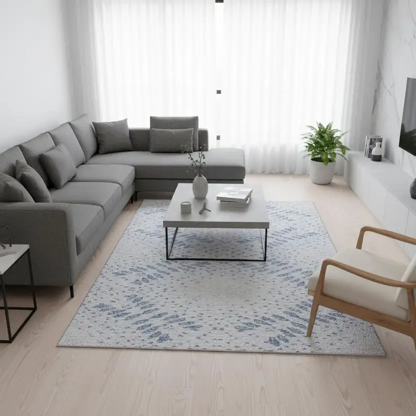 Blue And Ivory Floral Washable Area Rug With UV Protection Photo 2