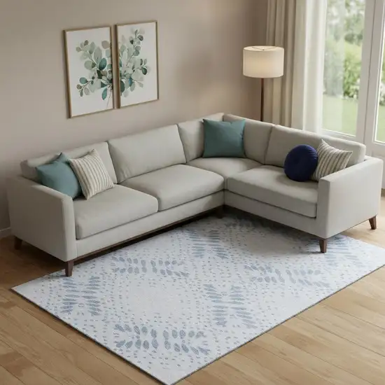 Blue And Ivory Floral Washable Area Rug With UV Protection Photo 1