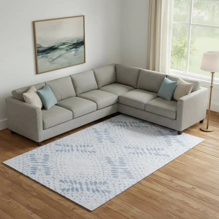 Blue And Ivory Floral Washable Area Rug With UV Protection Photo 1