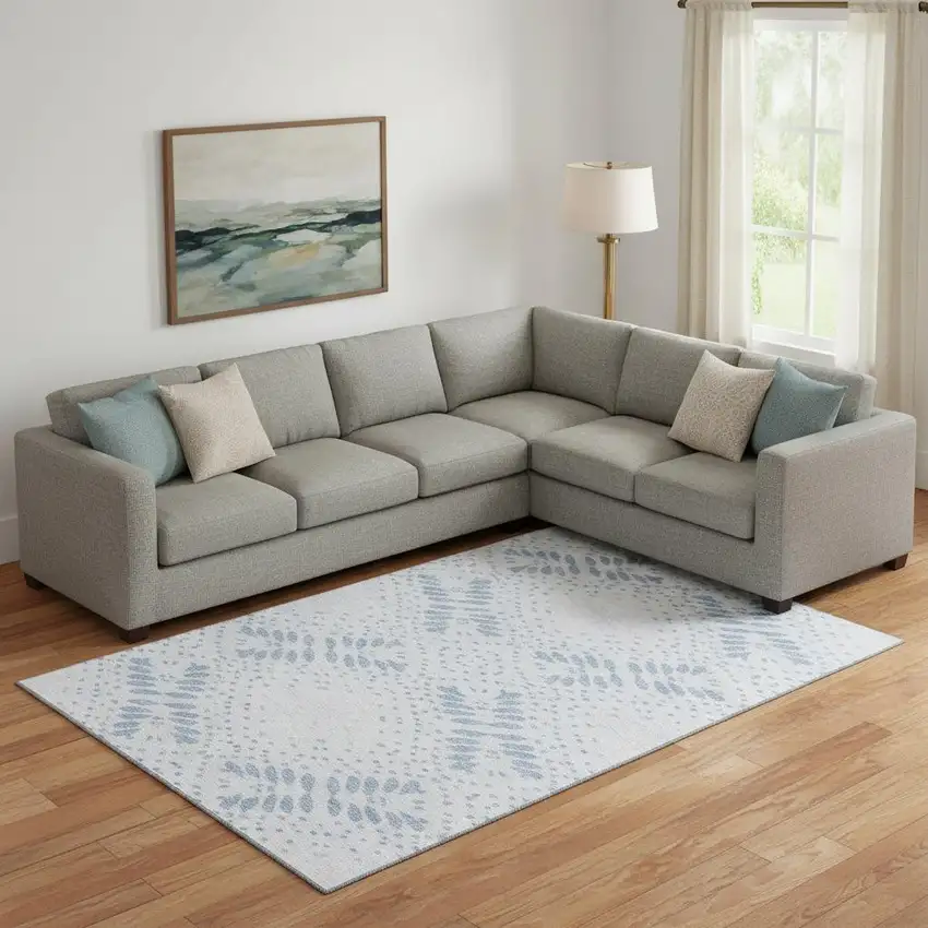 Blue And Ivory Floral Washable Area Rug With UV Protection Photo 1