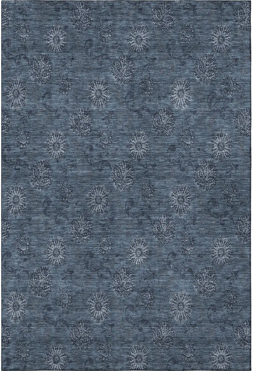 Blue And Ivory Floral Washable Area Rug With UV Protection Photo 3