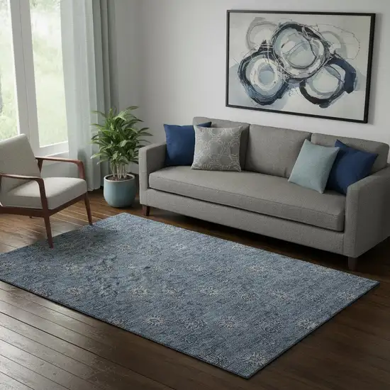 Blue And Ivory Floral Washable Area Rug With UV Protection Photo 1