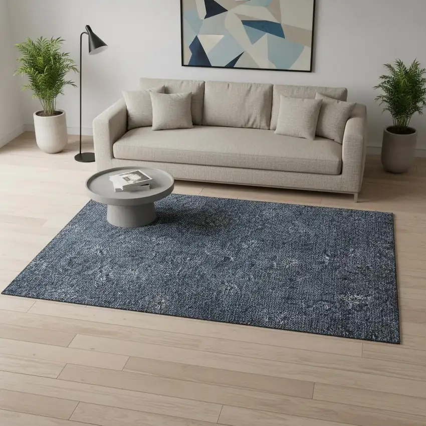 Blue And Ivory Floral Washable Area Rug With UV Protection Photo 2