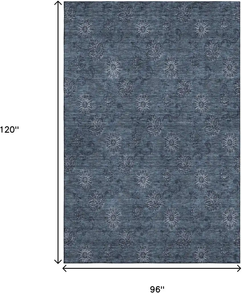 Blue And Ivory Floral Washable Area Rug With UV Protection Photo 3