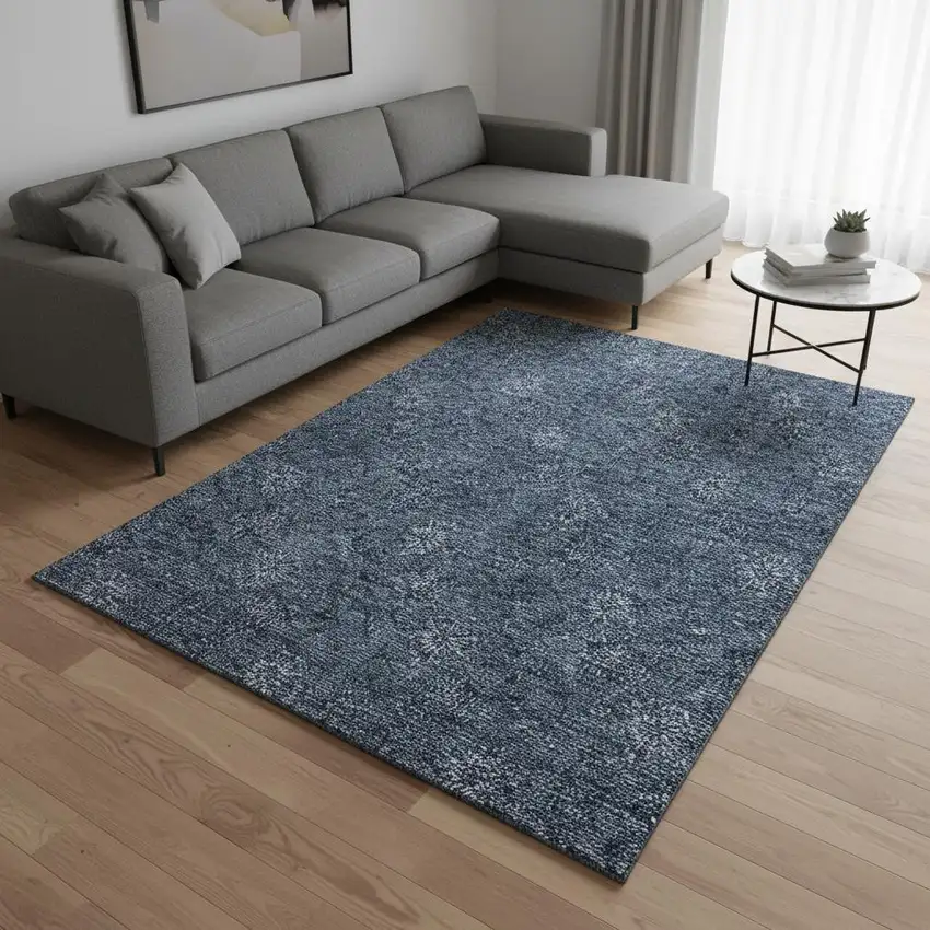 Blue And Ivory Floral Washable Area Rug With UV Protection Photo 2