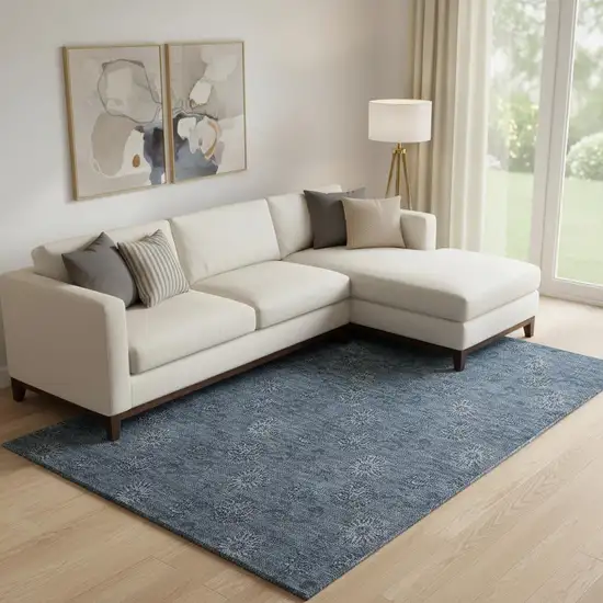 Blue And Ivory Floral Washable Area Rug With UV Protection Photo 1