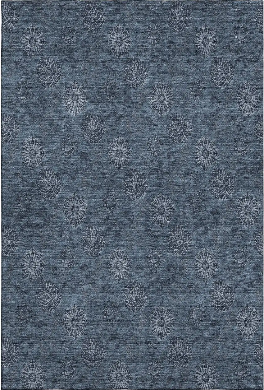 Blue And Ivory Floral Washable Area Rug With UV Protection Photo 1