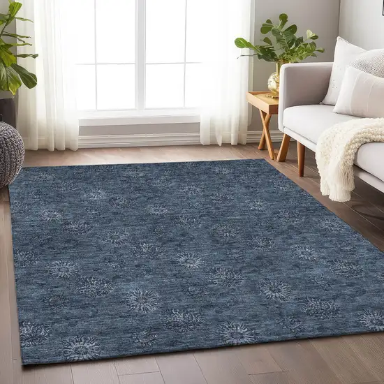 Blue And Ivory Floral Washable Area Rug With UV Protection Photo 6