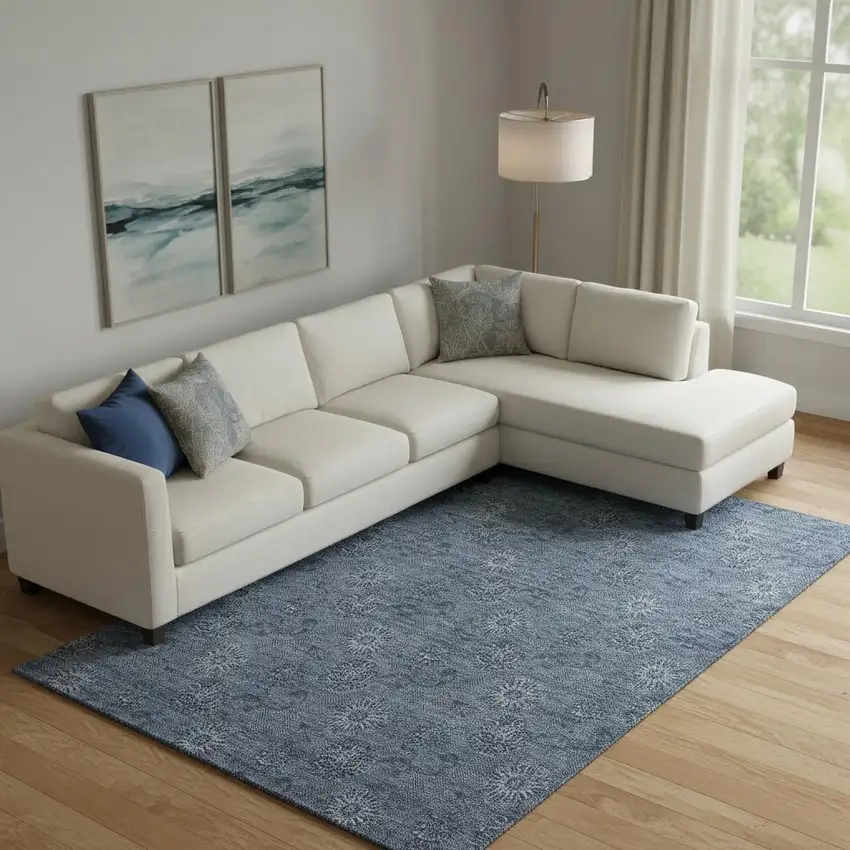 Blue And Ivory Floral Washable Area Rug With UV Protection Photo 1