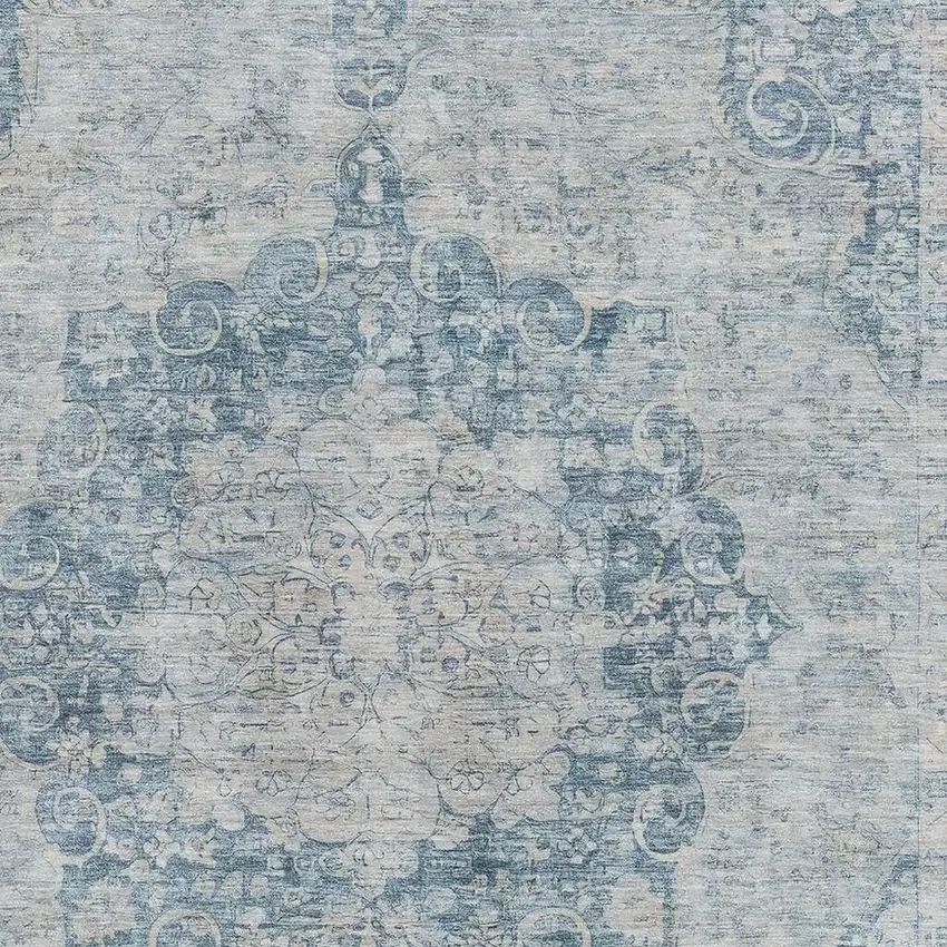 Blue And Ivory Floral Washable Area Rug With UV Protection Photo 2