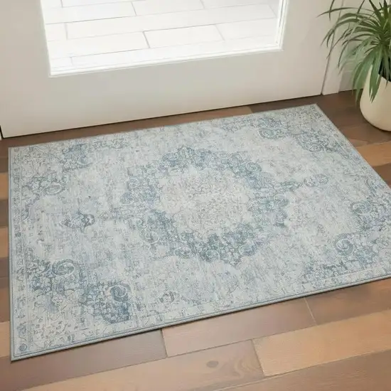 Blue And Ivory Floral Washable Area Rug With UV Protection Photo 2
