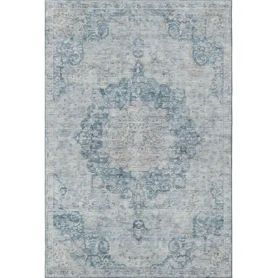 Blue And Ivory Floral Washable Area Rug With UV Protection Photo 3