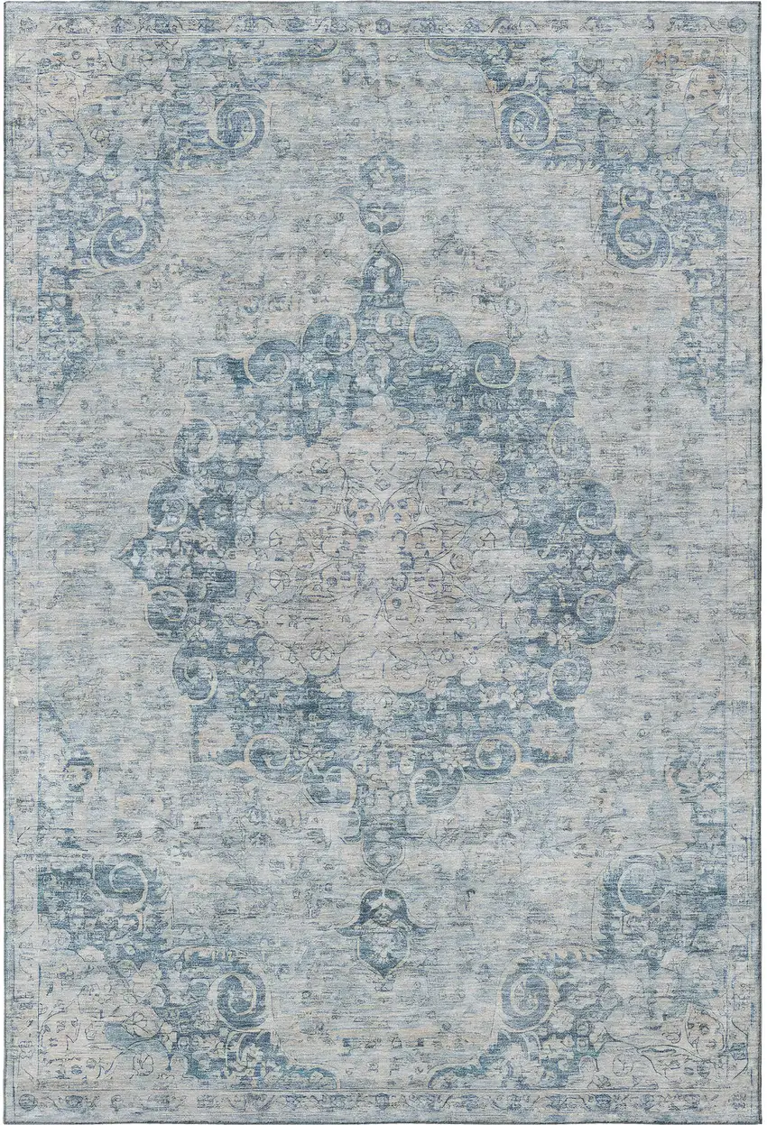 Blue And Ivory Floral Washable Area Rug With UV Protection Photo 3
