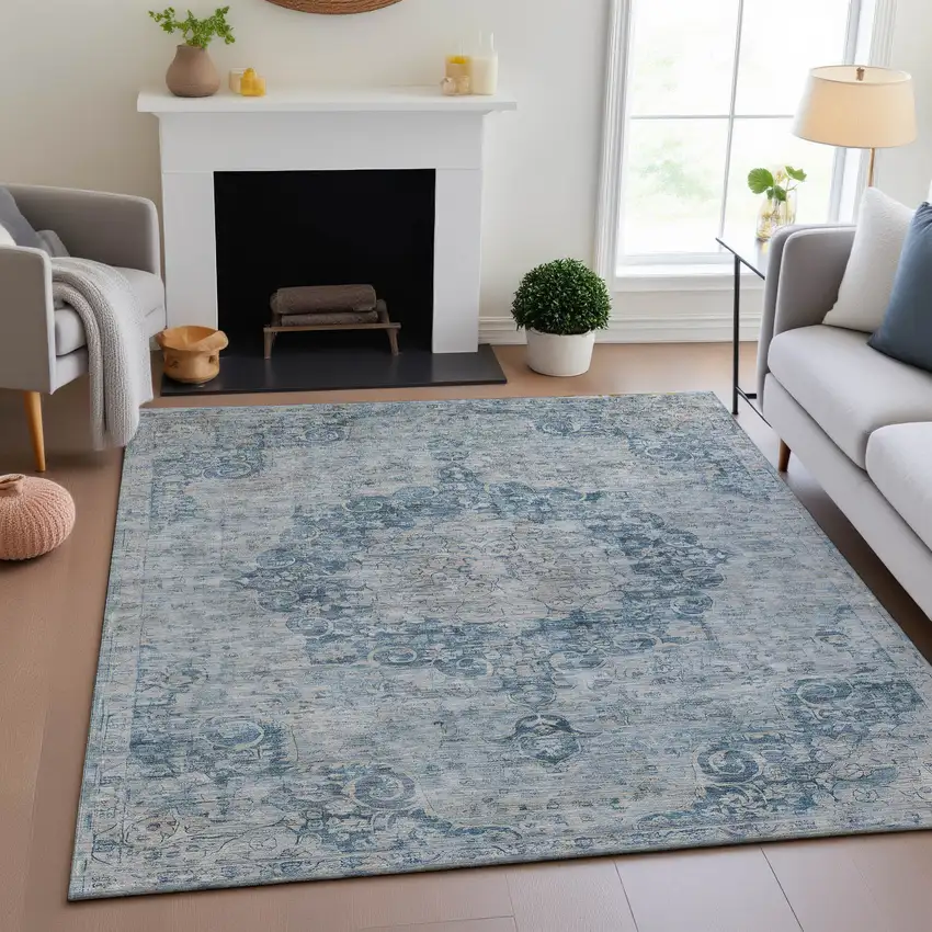 Blue And Ivory Floral Washable Area Rug With UV Protection Photo 5