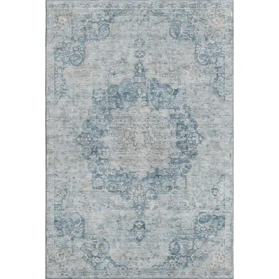 Blue And Ivory Floral Washable Area Rug With UV Protection Photo 1