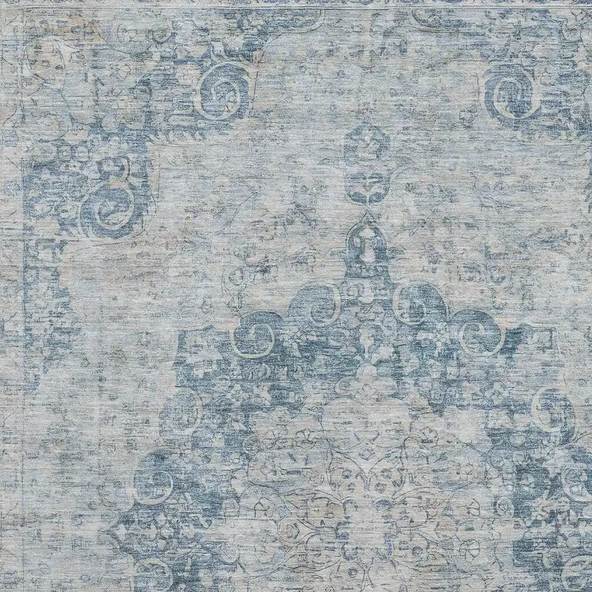 Blue And Ivory Floral Washable Area Rug With UV Protection Photo 2