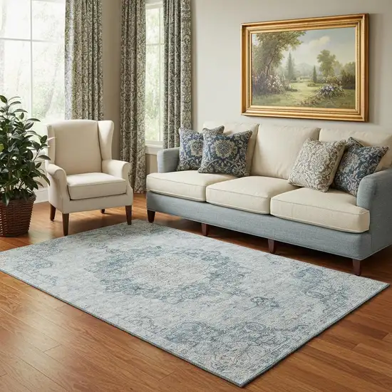 Blue And Ivory Floral Washable Area Rug With UV Protection Photo 2