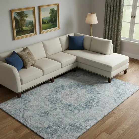 Blue And Ivory Floral Washable Area Rug With UV Protection Photo 2