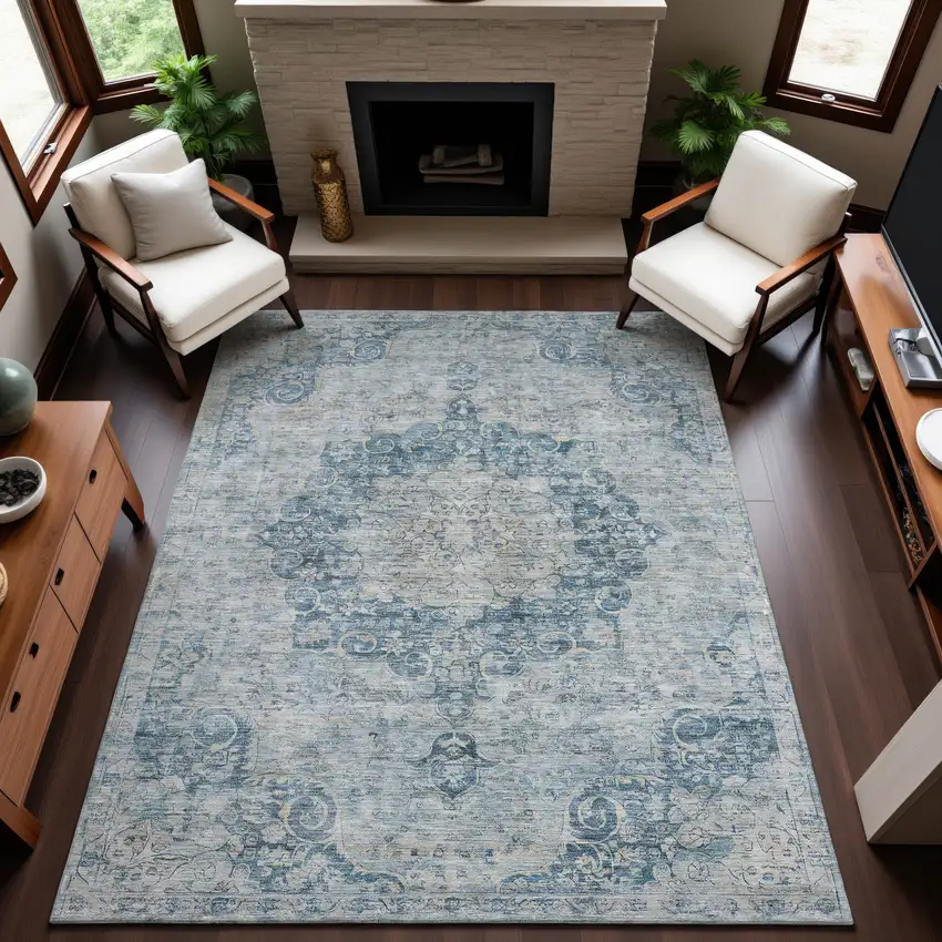 Blue And Ivory Floral Washable Area Rug With UV Protection Photo 5