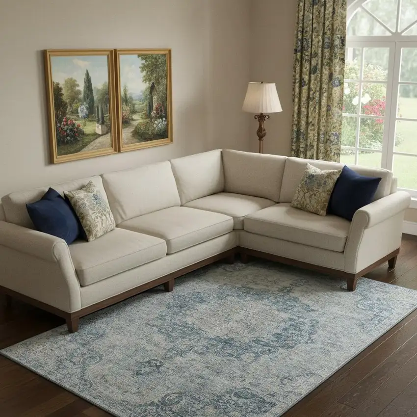 Blue And Ivory Floral Washable Area Rug With UV Protection Photo 2