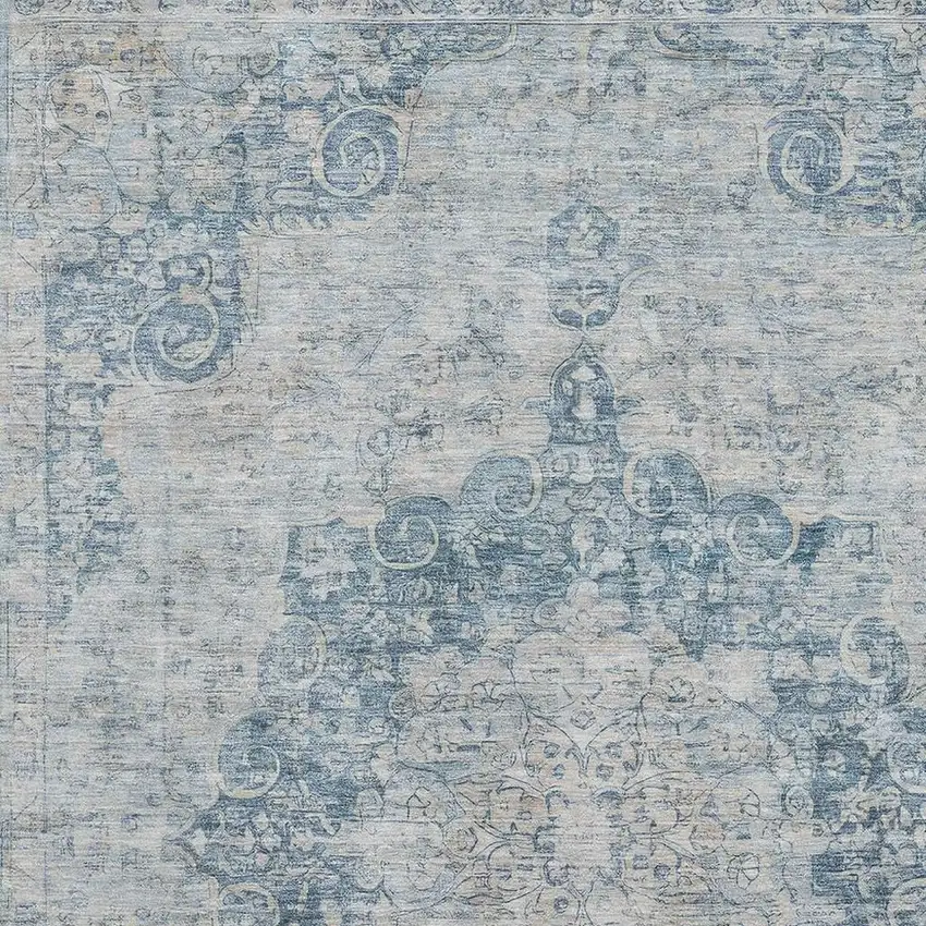 Blue And Ivory Floral Washable Area Rug With UV Protection Photo 2