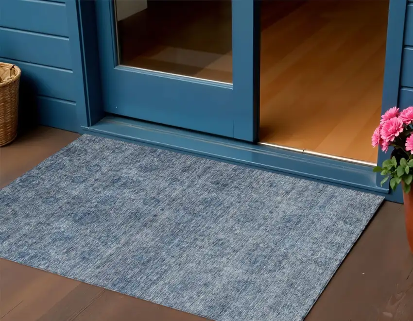 Blue And Ivory Floral Washable Indoor Outdoor Area Rug Photo 1