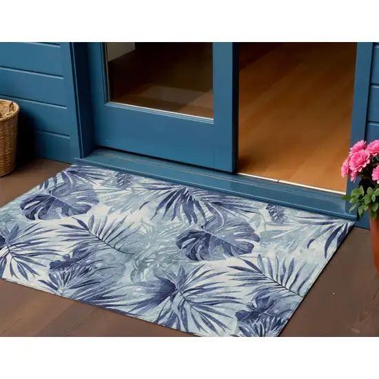 Blue And Ivory Floral Washable Indoor Outdoor Area Rug Photo 2
