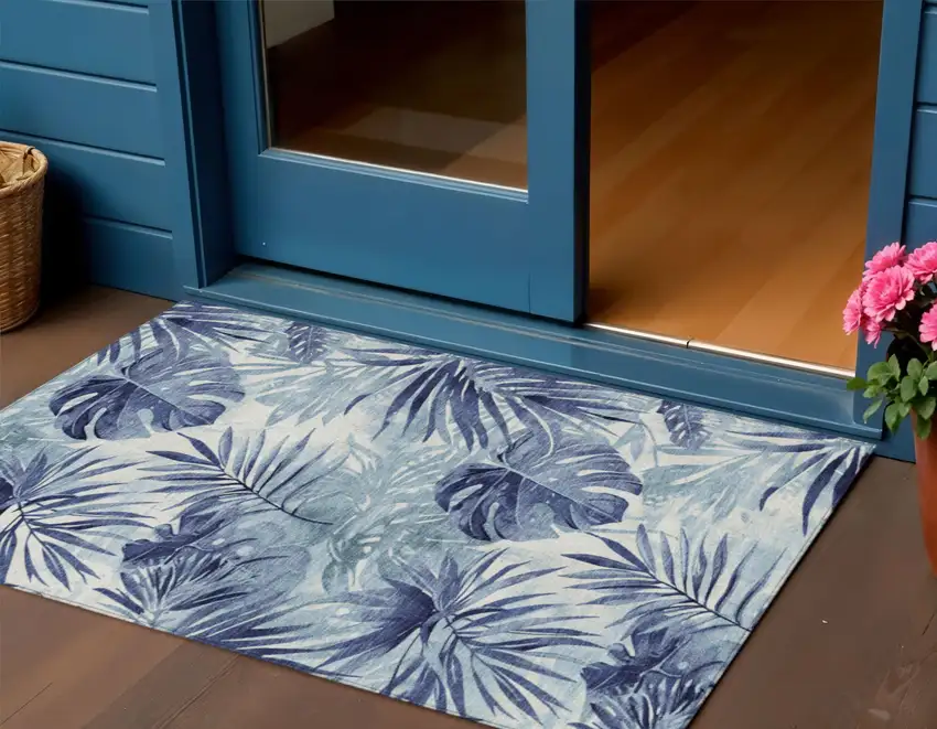 Blue And Ivory Floral Washable Indoor Outdoor Area Rug Photo 2