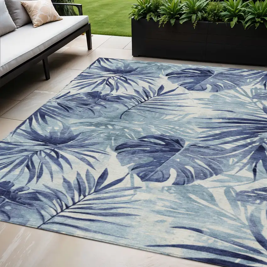 Blue And Ivory Floral Washable Indoor Outdoor Area Rug Photo 2