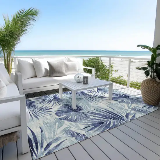 Blue And Ivory Floral Washable Indoor Outdoor Area Rug Photo 4