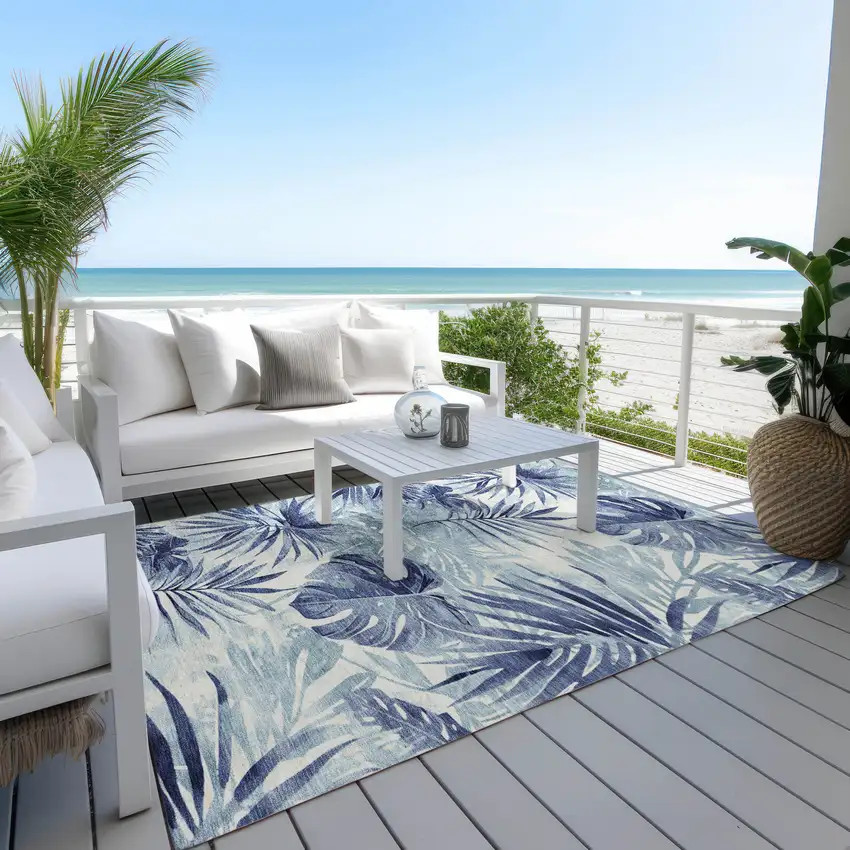 Blue And Ivory Floral Washable Indoor Outdoor Area Rug Photo 4