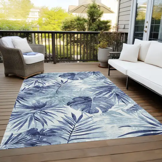 Blue And Ivory Floral Washable Indoor Outdoor Area Rug Photo 7